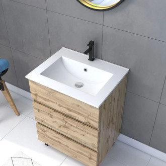 Pack Meuble SDB 60cm sur pieds 3 tiroirs Chêne - Vasque noire + Miroir Barber - TIMBER 60_Pack42 Aurlane - PACM252