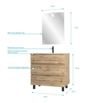 Pack Meuble SDB 80cm sur pieds 3 tiroirs chêne - Vasque blanche + Miroir Led - TIMBER 80_Pack47 Aurlane - PACM257
