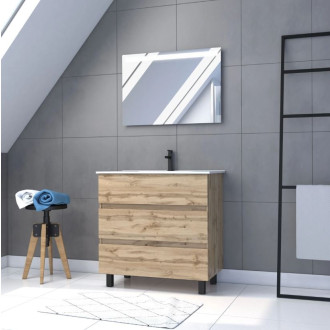 Pack Meuble SDB 80cm sur pieds 3 tiroirs Chêne -Vasque blanche + Miroir Led - TIMBER 80_Pack46 Aurlane - PACM256
