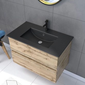 Pack Meuble SDB 80cm suspendu 2 tiroirs chêne + vasque noire + miroir Barber - TIMBER 80_Pack34 Aurlane - PACM244