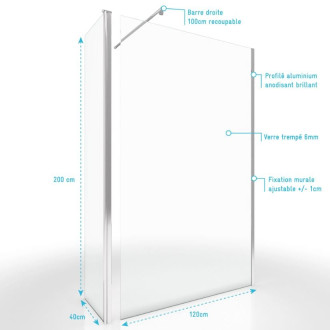 Pack paroi de douche a l’italienne 120x200cm - Verre transparent 6mm + Barre de fixation recoupable Aurlane - FAC436