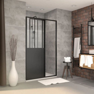 Pack Porte coulissante Noire mate type atelier et receveur en acrylique blanc - 140x90x200 cm Aurlane - PACF004