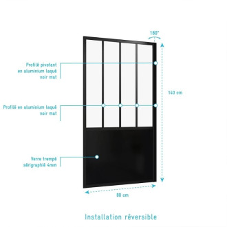Pare Baignoire Pivotant 130x75cm Type Industriel - Profilé Noir Mat - Verre Trempé - GLASSY SCREEN Aurlane - FAC601