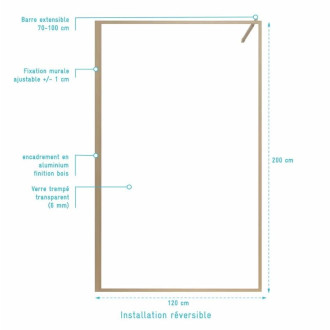 Paroi de Douche 120x200 cm - Cadre et Bras Aluminium Décor Bois - WOODEN CONTOURING Aurlane - FAC1058