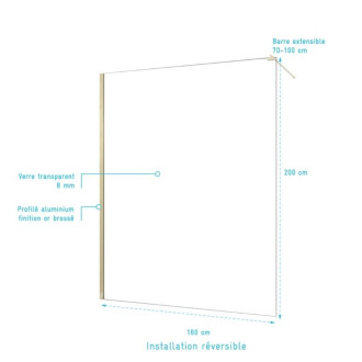 Paroi de douche 160x200cm verre transparent - Barre de fixation extensible et profil Or Brossé - FREEDOM 2 GOLD Aurlane - PACF491