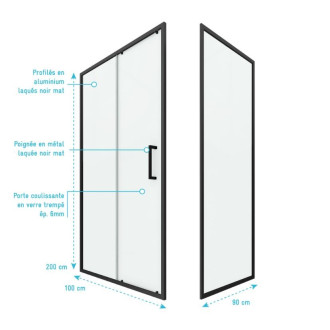 Paroi de douche 1 porte coulissante + Retour 100x90x200 cm - Verre 6 mm - Profilé Noir - CRUSH Aurlane - FAC619