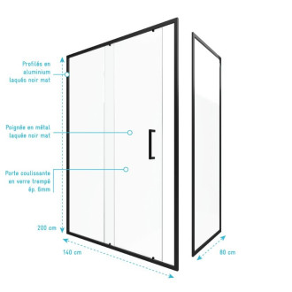 Paroi de douche 1 porte coulissante + Retour 140x80x200 cm - Verre 6 mm - Profilé Noir - CRUSH Aurlane - FAC622