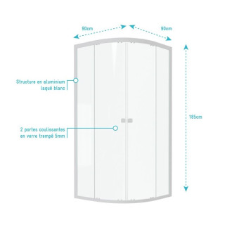 Paroi porte de douche 1/4 cercle blanc 90x90cm de largeur - Verre transparent - WHITY ROUND Aurlane - FAC491