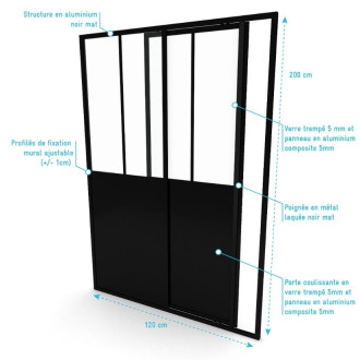 Porte de douche coulissante type Atelier 120x200cm - Profilés Noir Mat - WORKSHOP SLIDE Aurlane - FAC352