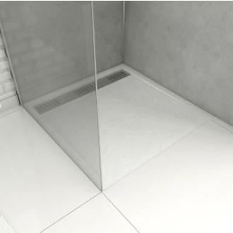 Receveur en acrylique blanc effet pierre 80x80x4 cm - Grille linéaire chrome - MOON Aurlane - FAC608