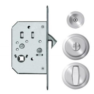 Serrure à larder rosace ronde pour porte coulissante avec manœuvres de condamnation usinage ø 48 mm inox satiné