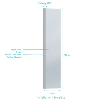 Volet pivotant fumé pour paroi de douche a l’italienne - 40x200 cm verre fumé 6mm Aurlane - FAC249