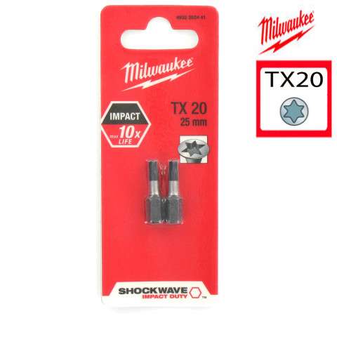 2 embouts torx milwaukee tx20 25mm shockwave 4932430874