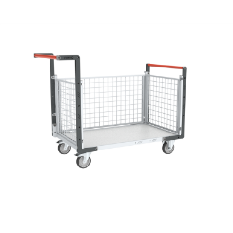 Chariot modulaire grillagé 2 dossiers + 1 ridelle, plateau bois 1000 x 600 mm, 250 kg