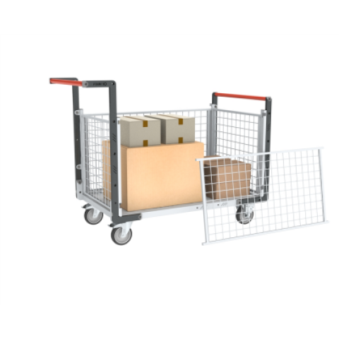 Chariot modulaire grillagé 2 dossiers + 2 ridelles, plateau bois 1000 x 600 mm, 250 kg