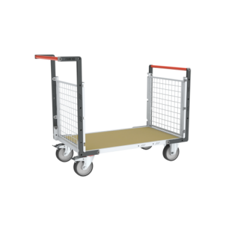 Chariot modulaire grillagé 2 dossiers, plateau bois 1000 x 600 mm, roues rectangle 500 kg