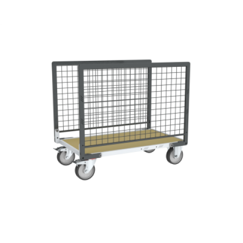 Chariot modulaire grillagé 2 ridelles, plateau bois 1000 x 600 mm, roues rectangle 500 kg
