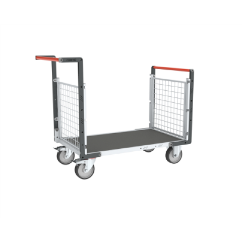 Chariot modulaire grillagé 2 dossiers, plateau bois avec tapis caoutchouc 1000 x 600 mm 500 kg