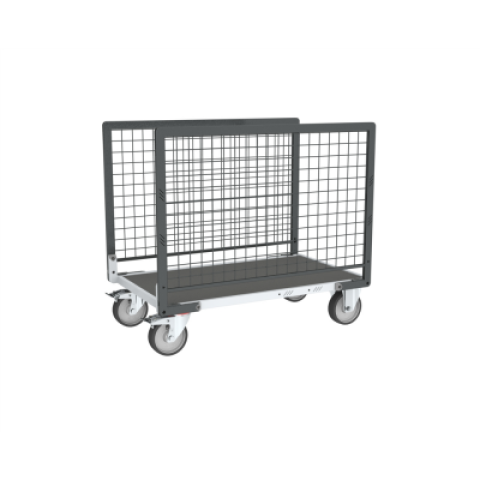 Chariot modulaire grillagé 2 ridelles, plateau bois avec tapis caoutchouc 1000 x 600 mm 500 kg