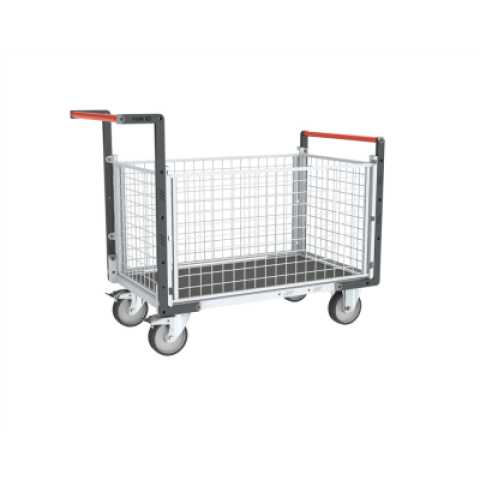 Chariot modulaire grillagé 2 dossiers + 2 ridelles, plateau bois avec tapis caoutchouc 1000 x 600 mm 500 kg