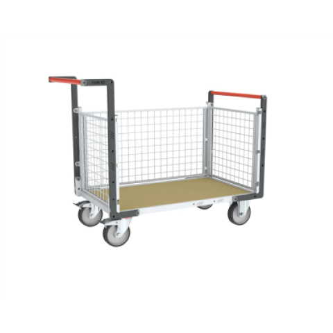 Chariot modulaire grillagé 2 dossiers + 1 ridelle, plateau bois 1200 x 800 mm, roues rectangle 500 kg