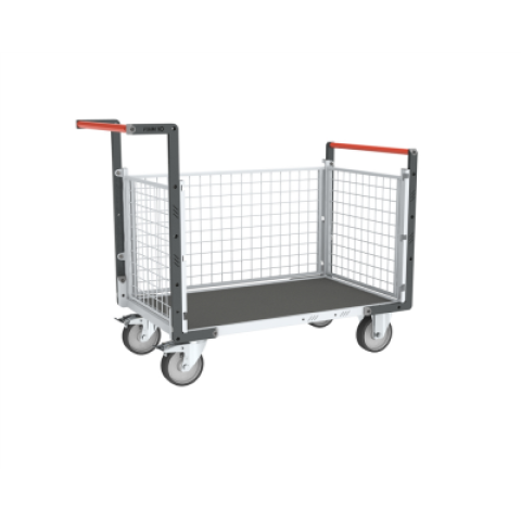 Chariot modulaire grillagé 2 dossiers + 1 ridelle, plateau bois avec tapis caoutchouc 1200 x 800 mm 500 kg