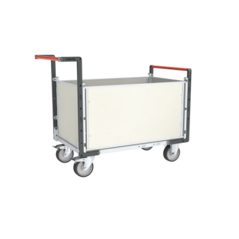 Chariot modulaire PP alvéolaire 2 dossiers + 2 ridelles, plateau bois médium 1200 x 800 mm, 500 kg