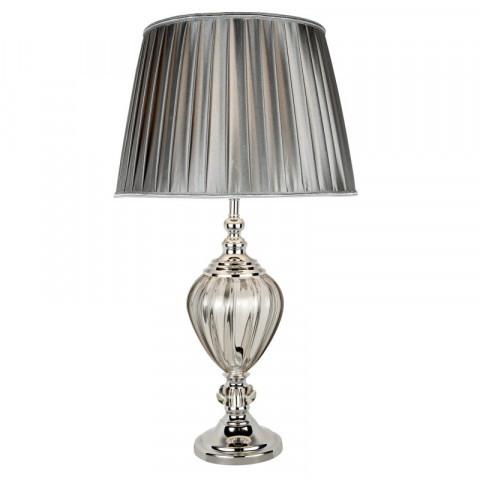 Lampe de table greyson, chrome et verre clair, abat-jour plissé gris