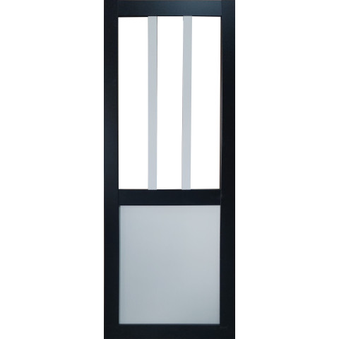 Porte coulissante atelier noir et panneaux blanc vitrée h204 x l73 et 2 coquilles gd menuiseries