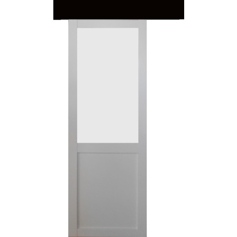 Porte coulissante athena blanc h204 x l73 + rail alu bandeau noir et 2 coquilles gd menuiseries