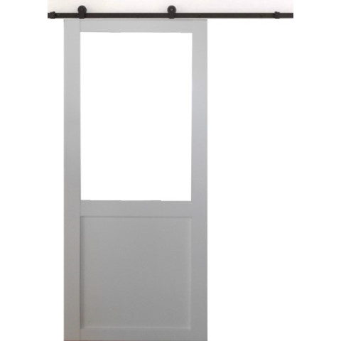 Porte coulissante atelier blanc h204 x l93 sans meneau + rail a roulettes noir gd menuiseries