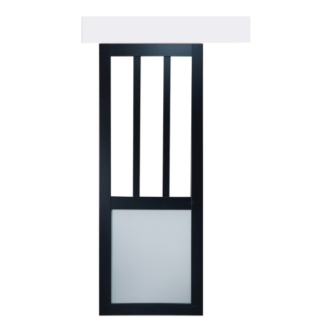 Porte coulissante atelier noir et panneaux blanc vitree h204 x l73 + rail alu et 2 coquilles gd menuiseries