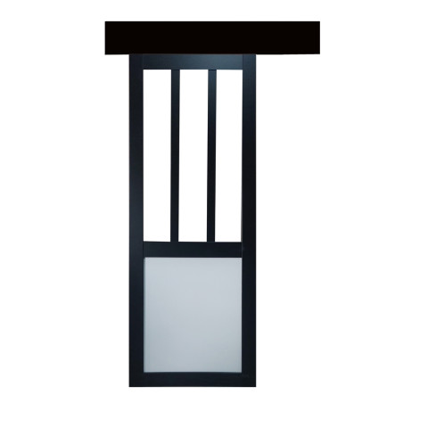 Porte coulissante atelier noir et panneaux blanc vitree h204 x l83 + rail alu bandeau noir et 2 coquilles gd menuiseries