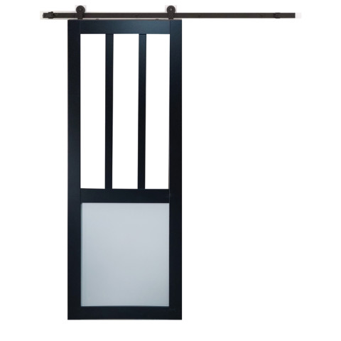 Porte coulissante atelier blanc et panneaux gris ral7035 vitree h204 x l83 + rail a roulettes noir et 2 coquilles gd menuiseries