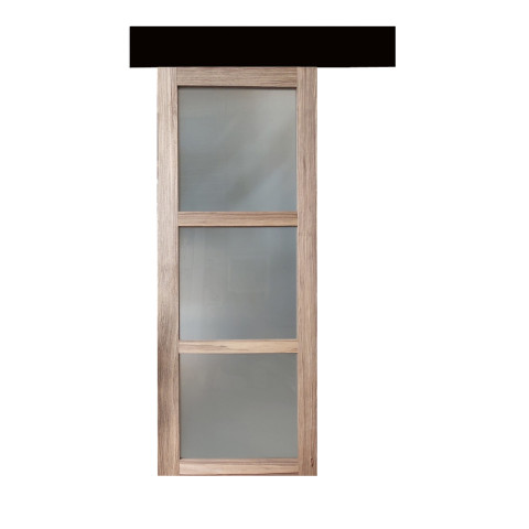 Porte coulissante bois frake vitrage transparent h204 x l83 + rail bandeau noir et 2 coquilles gd menuiseries