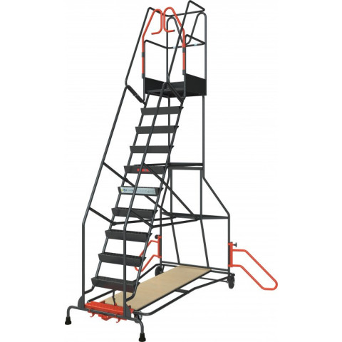 Escabeau roulant à immobilisation automatique charge 150 kg 11 marches ht travail 4540 mm