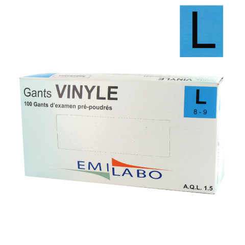 Boite de 100 gants vinyle pré-poudrés taille l / 8-9 emilabo