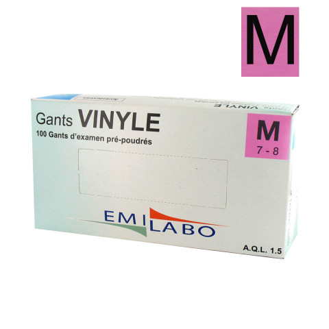 Boite de 100 gants vinyle pré-poudrés taille m / 7-8 emilabo