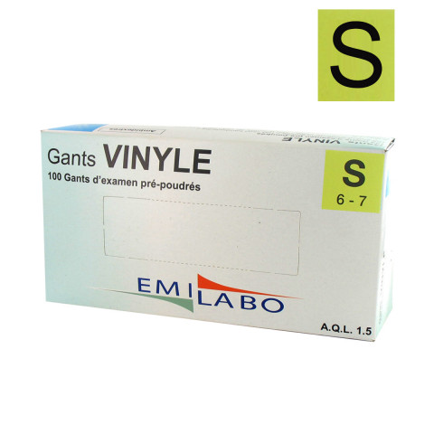Boite de 100 gants vinyle pré-poudrés taille s / 6-7 emilabo