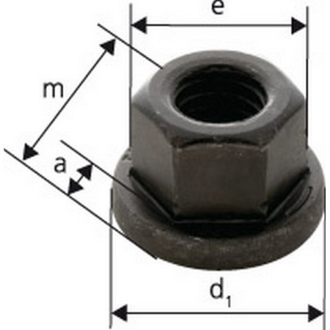 Ecrou hexagonal à embase, Filetage : M16, 6 pans cote s/plats 24 mm, Cote e 26,80 mm, Hauteur m : 24 mm, Hauteur a : 5,0 mm, Ø d'embase d1 : 31 mm