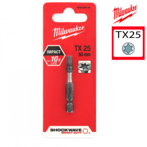 Embout torx milwaukee tx25 50mm shockwave 4932352444