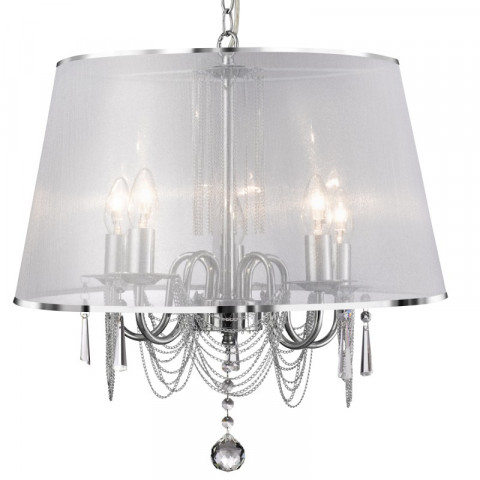 Suspension venetian en chrome et verre, avec abat-jour en polycarbonate blanc