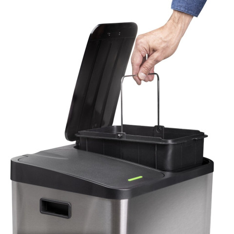 Bac de tri sélectif a compartiments Recycle, ouverture du couvercle par pédale, 2x15litres, Acier inoxydable