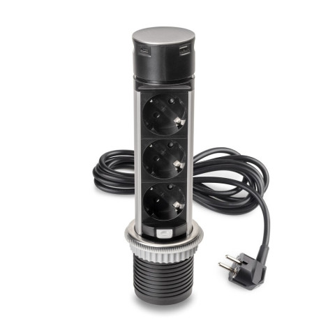 Multiconnecteur Vertikal Push 60, diamètre 60 mm, 3 prises de type Schuko, 1 USB de type A, 1 USB de type C, Acier et plastique, Acier inoxydable