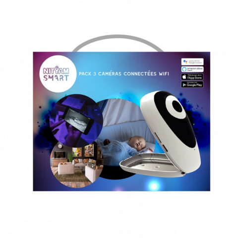Kit de 3 cameras wifi hd - vision nocturne - détecteur de mouvements et capteur de son - compatible amazon alexa & google home