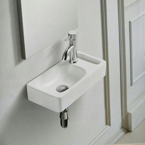 Lave main rectangulaire droite avec porte serviette - céramique blanc - 44x22 cm - pratic