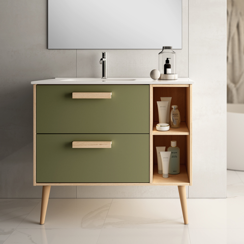 Meuble de salle de bain vasque déportée - 2 tiroirs - sans miroir - malia - vert olive - 80cm