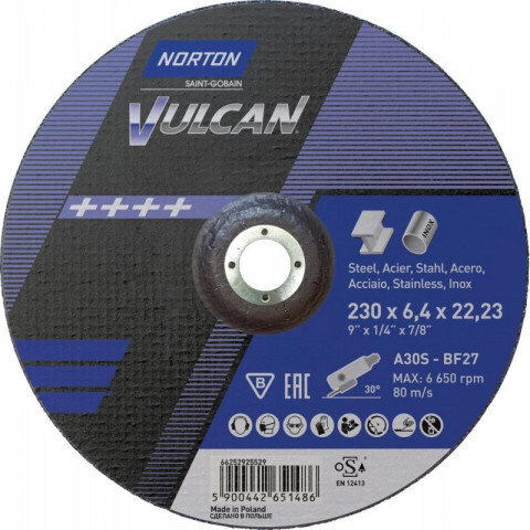 Meule vulcan acier/inox coudé 230x64