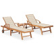 Lot de 2 transats chaise longue bain de soleil lit de jardin terrasse d'extérieur avec table et coussin bois de teck solide - Couleur au choix Crème