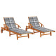 Lot de 2 transats chaise longue bain de soleil lit de jardin terrasse d'extérieur avec coussins bois d'acacia solide - Couleur au choix Carreaux-gris